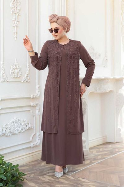 N.S NEVA STYLE Χάντρες Κεντημένη Σοκολάτα Hijab Abaya 29119CK