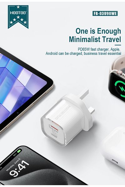 HooToo HOTO 65W Fast Wall Charger with PD and USB Ports, Small and Light Size, Supports Safe Charging - Model FB-03U90WE