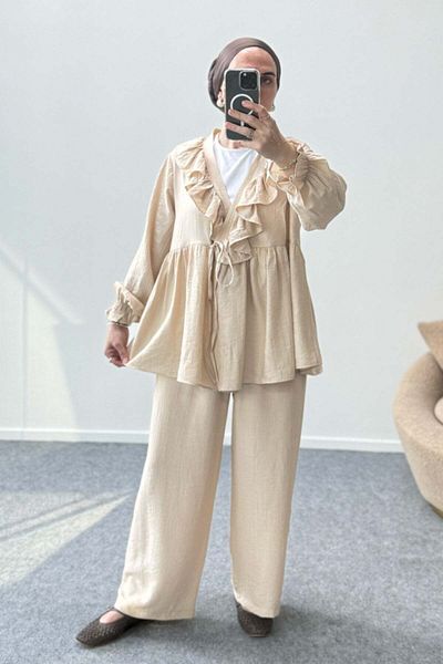 Hatun Atila Ruffle Neck Tie-Up Tunic and Wide Leg Pants Set 8845 - Beige