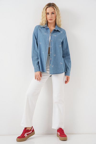 Bigdart Women's Bow Denim Shirt 20329 - Blue