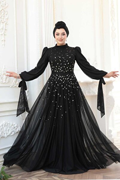 N.S NEVA STYLE - Rochie de seară hijab neagră brodata cu margele 5283S