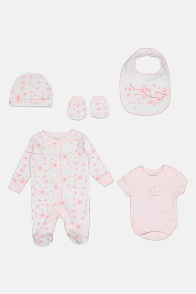 Rock A Bye Baby Boutique Toddlers Girl 5 pcs Graphic Print Bodysuit Gift Set, Multicolor