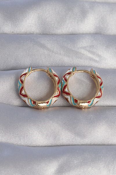 MBB ETİCARET Brass Gold Color Blue Ethnic Patterned Hoop Earrings - Tj-Bkp9075