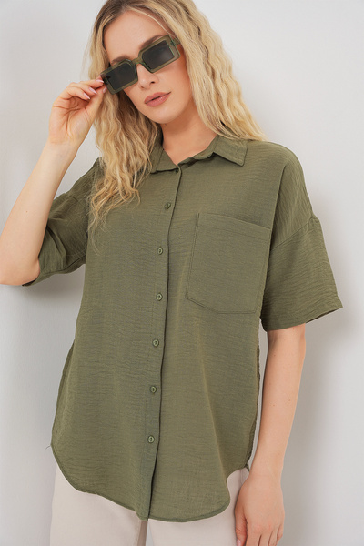 Bigdart Women's Short Sleeve Linen Look Shirt 20336 - Khaki