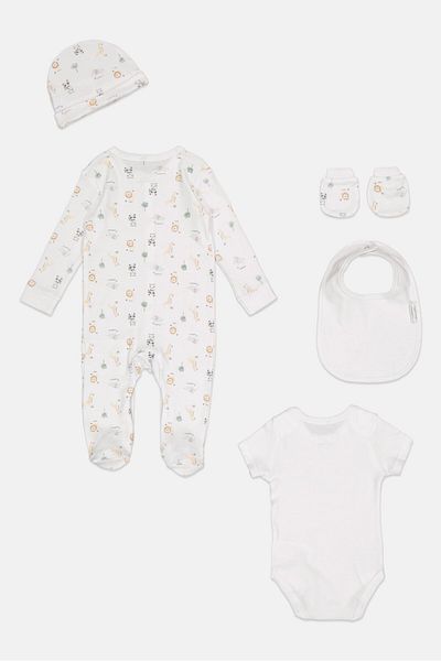 Rock A Bye Baby Boutique Toddlers Boy 5 Pcs Animal Print Bodysuit, Bib, Beanie, Gloves and Coverall Set, Multicolor