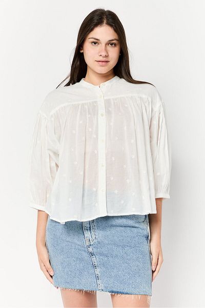 Scotch & Soda Women Band Collar 3/4 Sleeves Embroidered Top, White