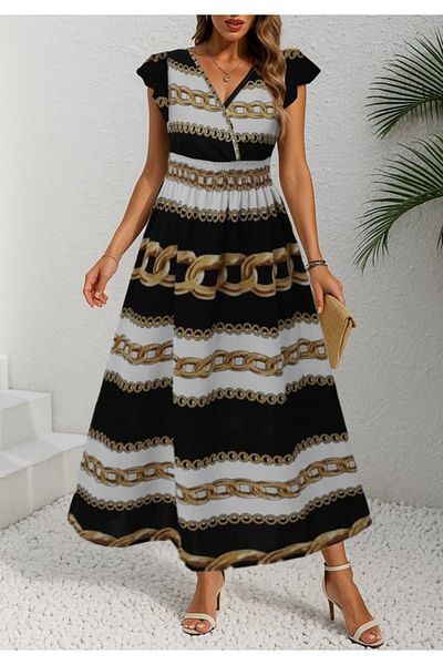 Little Visqon Women's Short Sleeve Double Breasted Collar Elastic Waist Patterned Maxi Length Knitted Crepe Dress