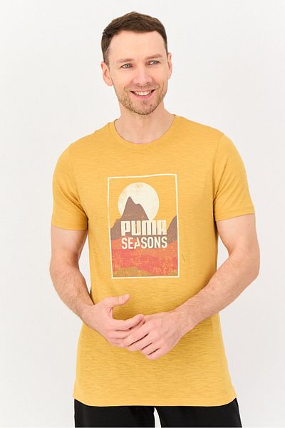 Puma Men Sportswear Fit Short Sleeve Graphic Print Outdoor T-Shirt, Mustard