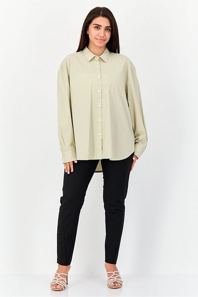 Giordano Women Spread Collar Long Sleeve Plain Shirt, Moss Grey