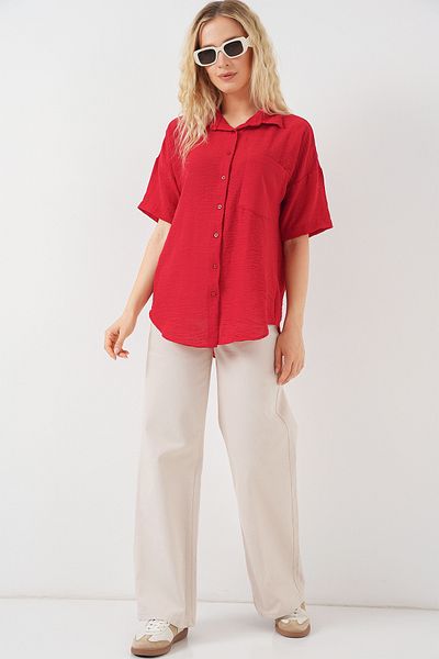 Bigdart Women's Short Sleeve Linen Look Shirt 20336 - Red