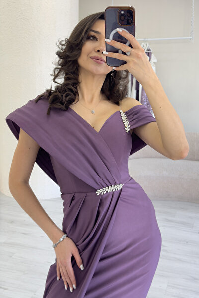 the ZKS Γυναικείο βραδινό φόρεμα με έναν ώμο με πέτρα με λεπτομέρειες Draped Midi μήκους Μαύρο, λιλά