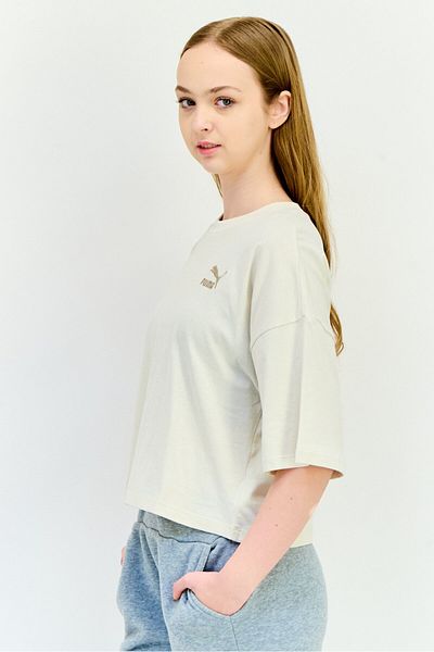 Puma Women Oversized Fit Embroidered Logo Short Sleeves Outdoor Crop Top, Ivory