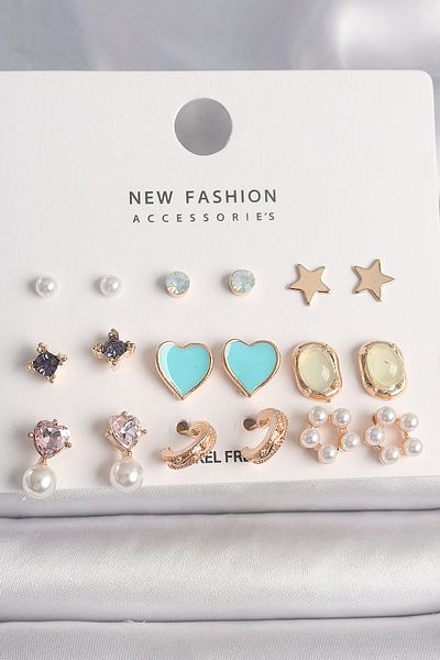 MBB ETİCARET Brass Gold Color Zircon Stone Pearl Flower Blue Heart Figure 9 Pairs Women Earrings Set - Tj-Bkp10180