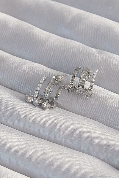 MBB ETİCARET Brass Silver Color Multiple Zircon Cubic Zirconia Half Hoop Earrings with Pearls - Tj-Bkp9316