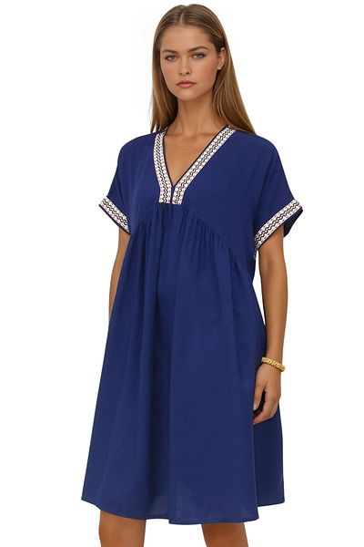 Modasultan V Neck Straw Knit Detailed Short Viscose Dress