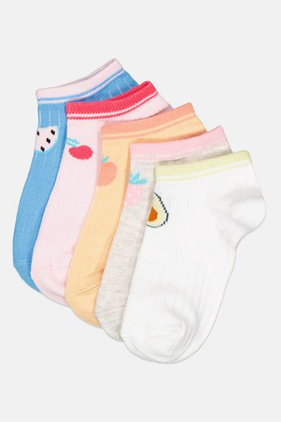 Bebe Kids Girl 5 Pairs Graphic Print Ankle Socks, Multicolor