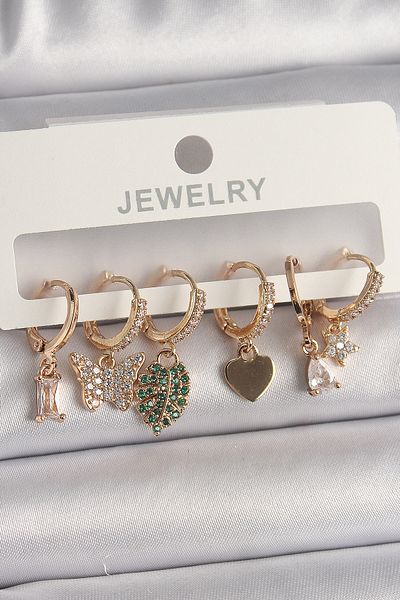 MBB ETİCARET Brass Gold Color Colorful Butterfly Figure Multiple Figure Women's Earrings Set - Tj-Bkp10096