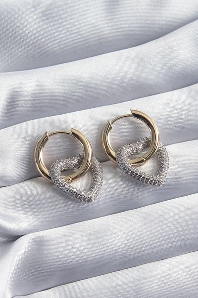 MBB ETİCARET Brass Gold Color Hoop Silver Zircon Stone Heart Model VIP Series Women's Earrings - TJ-BKP8229
