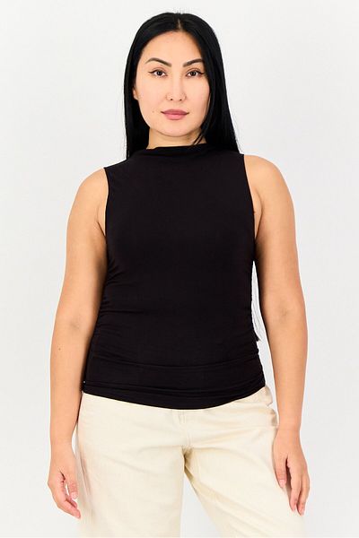 Bebe Women Round Neck Sleeveless Solid Tank Top, Black