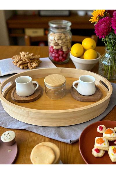 Noah Exclusive Turkish Coffee 4 Piece Presentation Set - Bamboo Tray - 2 Coffee Cup with Plate - Lucky