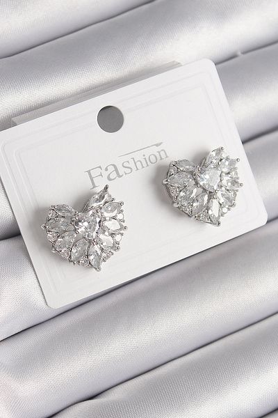 MBB ETİCARET Brass Silver Color Zircon Stone Heart Model Women's Earrings - Tj-Bkp9749