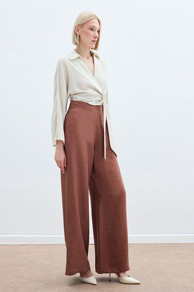 Sateen Casual Linen Trousers - Brown