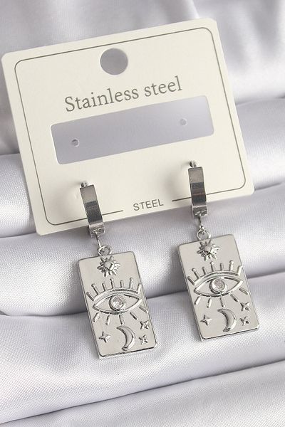 MBB ETİCARET 316L Steel Silver Color Zircon Stone Eye Engraving Detailed Plate Model Women's Earrings - Tj-Bkp9699
