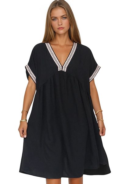 Modasultan V Neck Straw Knit Detailed Short Viscose Dress