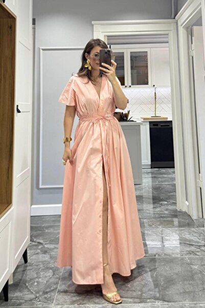 Banu Angay Önü Düğmeli V Yaka Pensli Gömlek Elbise Pembe