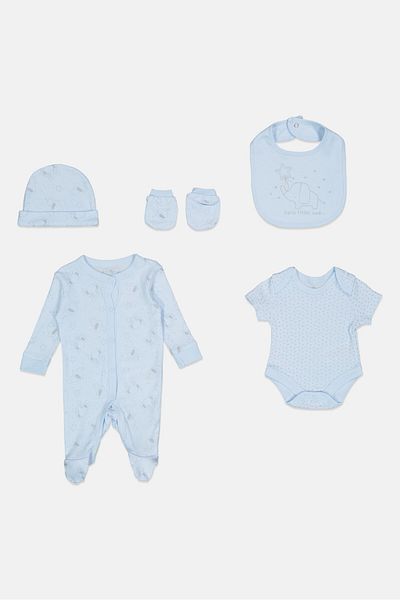 Rock A Bye Baby Boutique Toddlers Boy 5 pcs Graphic Print Bodysuit, Bib, Beanie And Mitts Set, Multicolor