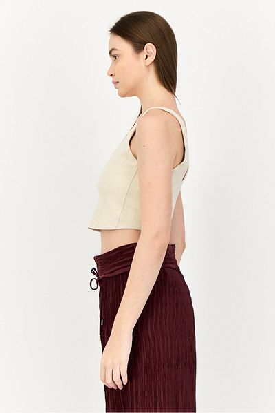 Offline by Aerie Women Scoop Neck Sleeveless Textured Crop Top, Beige