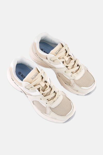 XOXO Women Lace Up Textile Sneakers, Beige