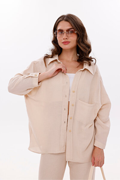 LA PANTE Low Shoulder Muslin Shirt Trousers Set with Elastic Waist, Laces and Front Pocket