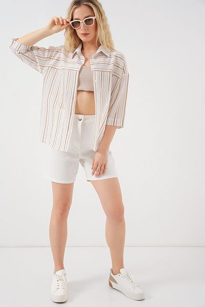 Bigdart Women's Striped Short Sleeve Shirt 20344 - Cream