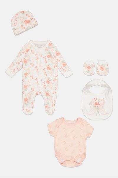 Rock A Bye Baby Boutique Toddlers Girl 5 Pcs Bodysuit, Bib, Beanie, Gloves and Coverall Set, Multicolor