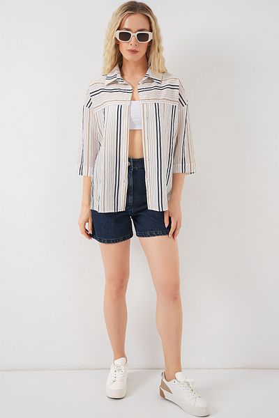 Bigdart Women's Striped Short Sleeve Shirt 20344 - Beige
