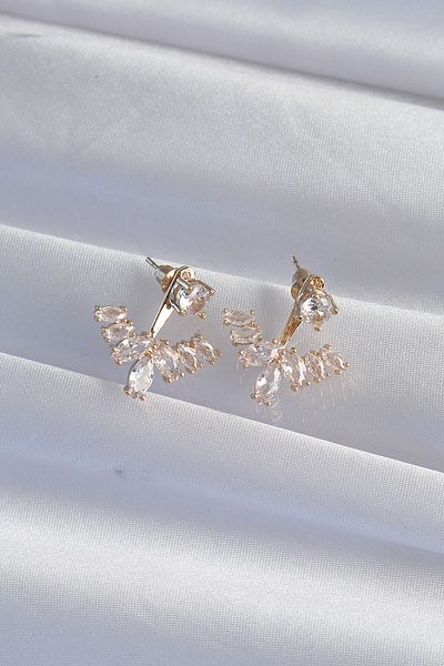 MBB ETİCARET Brass Gold Color Zircon Stone V Model Earrings - Tj-Bkp9291