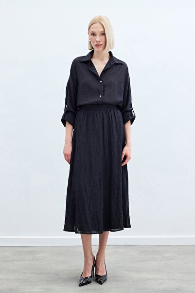 Sateen Kraşlı Kloş Etek - Antrasit