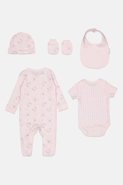 Rock A Bye Baby Boutique Toddlers Girl 5 pcs Graphic Print Bodysuit, Bib, Beanie And Mitts Set, Multicolor