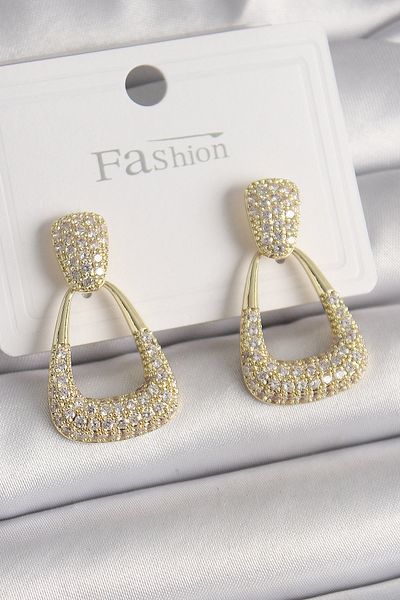 MBB ETİCARET Brass Gold Color Zircon Stone Hanging Triangle Model Women's Earrings - Tj-Bkp9931