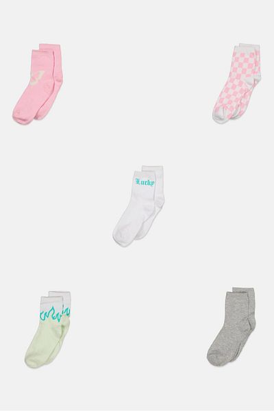 Don't Call Me Jennyfer Women 5 Pair Printed Chaussettes Socks, Pink/White/Grey Combo