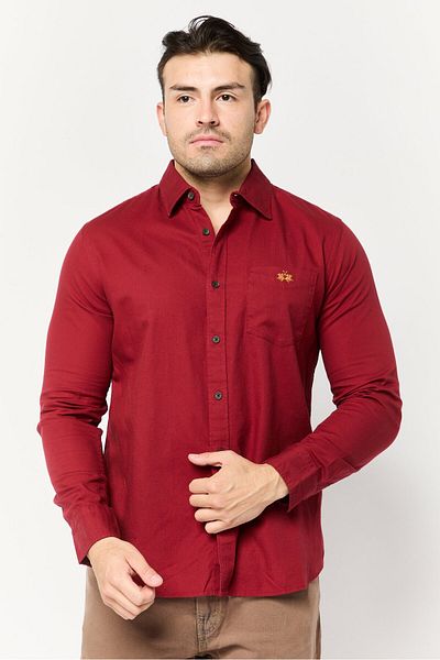 La Martina Men Tailored Fit Embroidered Logo Long Sleeves Casual Shirt, Maroon