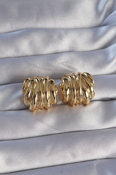 MBB ETİCARET Brass Gold Color Serrated Curved Model Earrings - Tj-Bkp9089