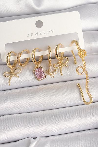 MBB ETİCARET Brass Gold Color Hanging Ribbon Model Pink Square Zircon Stone Women's Earring Set - Tj-Bkp10367