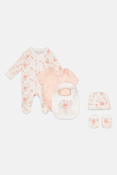 Rock A Bye Baby Boutique Toddlers Girl 5 Pcs Bodysuit, Bib, Beanie, Gloves and Coverall Set, Multicolor