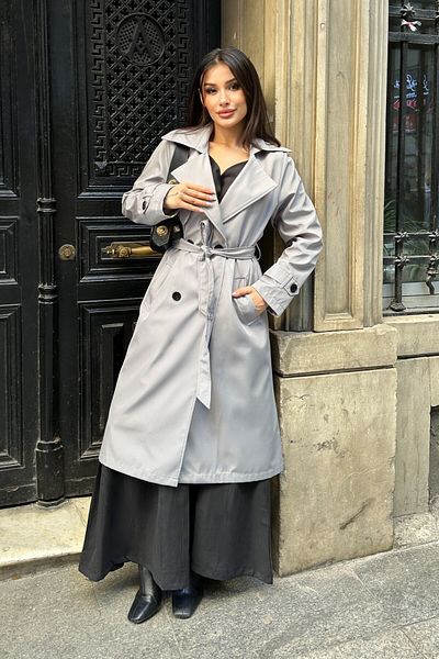 moda armanc Women's Double Breasted Collar Gray Trench Coat - 5918
