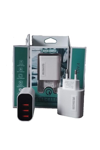 BM Universal Fast Charger with 3 USB Ports 15W, white color QC 3.0, Digital Display, universal compatible