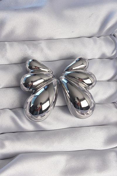 MBB ETİCARET Brass Silver Color Huge Curved Butterfly Earrings - Tj-Bkp9112