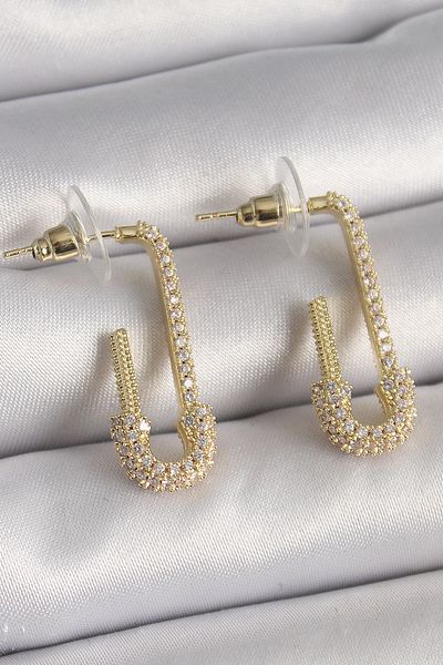 MBB ETİCARET Brass Gold Color Zircon Stone Safety Pin Model Women's Earrings - Tj-Bkp9937