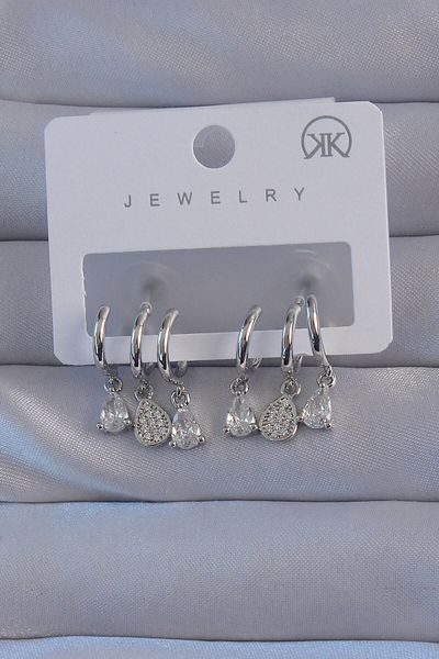 MBB ETİCARET Brass Silver Color Zircon Stone Drop Model Multiple Look Half Hoop Earrings - Tj-Bkp9141